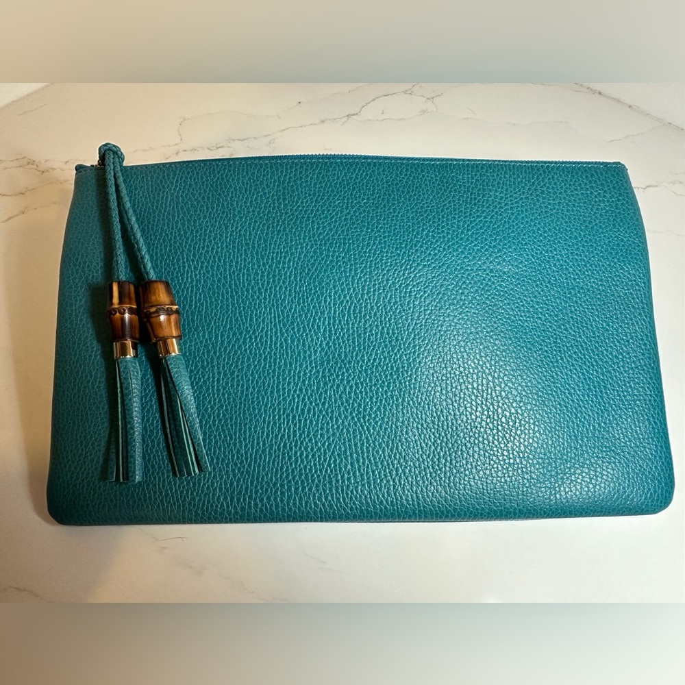 Gucci Teal Leather Clutch with Bamboo Tassels